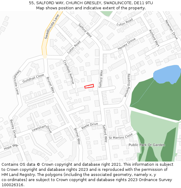 55, SALFORD WAY, CHURCH GRESLEY, SWADLINCOTE, DE11 9TU: Location map and indicative extent of plot