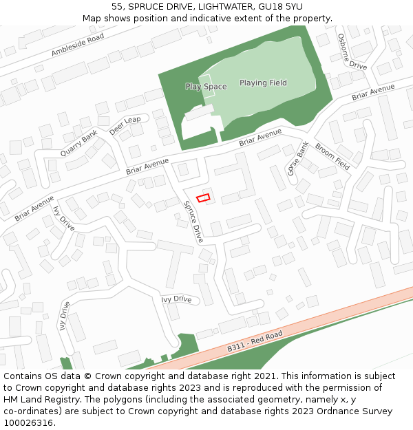 55, SPRUCE DRIVE, LIGHTWATER, GU18 5YU: Location map and indicative extent of plot