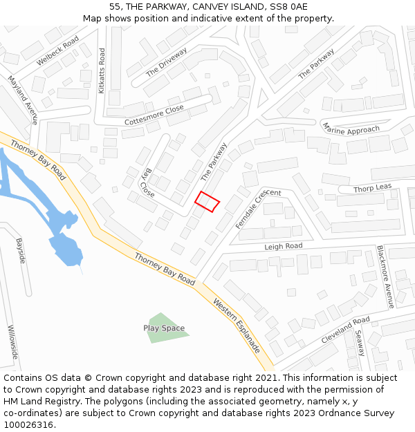 55, THE PARKWAY, CANVEY ISLAND, SS8 0AE: Location map and indicative extent of plot