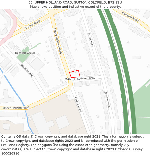 55, UPPER HOLLAND ROAD, SUTTON COLDFIELD, B72 1SU: Location map and indicative extent of plot