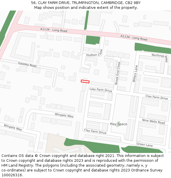 56, CLAY FARM DRIVE, TRUMPINGTON, CAMBRIDGE, CB2 9BY: Location map and indicative extent of plot