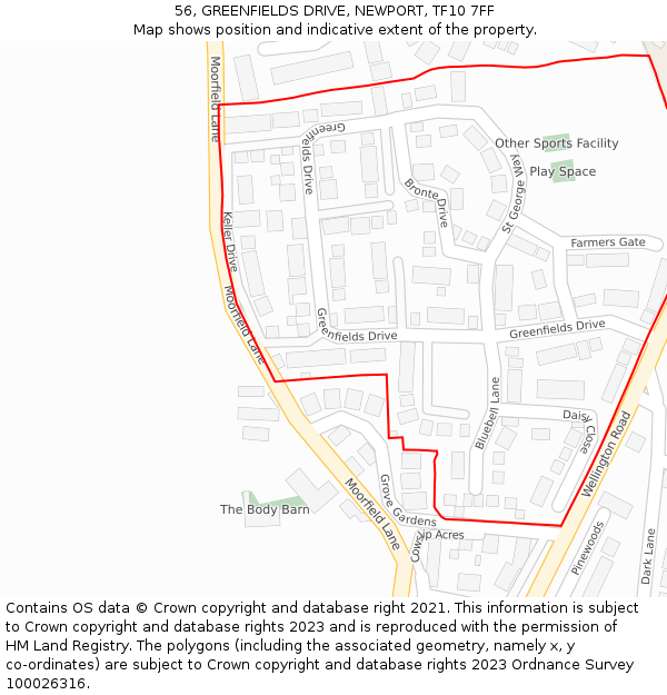 56, GREENFIELDS DRIVE, NEWPORT, TF10 7FF: Location map and indicative extent of plot