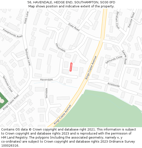 56, HAVENDALE, HEDGE END, SOUTHAMPTON, SO30 0FD: Location map and indicative extent of plot
