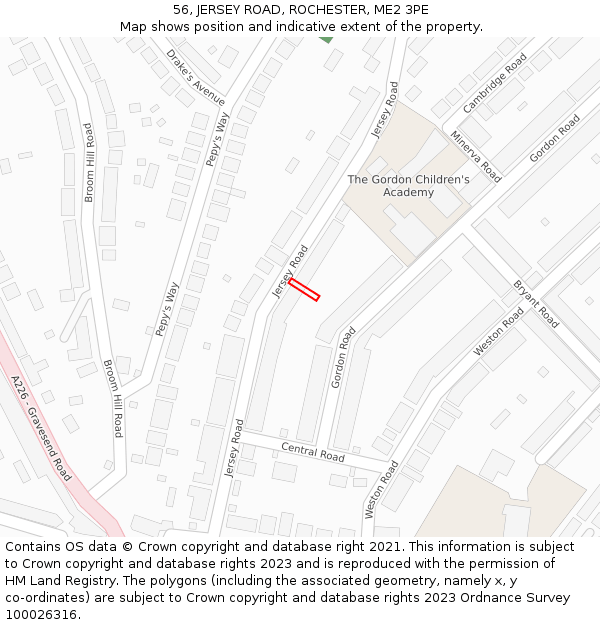 56, JERSEY ROAD, ROCHESTER, ME2 3PE: Location map and indicative extent of plot