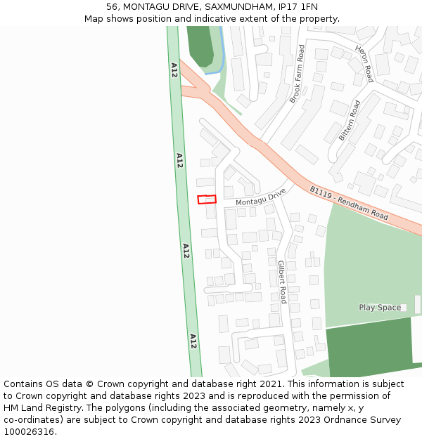 56, MONTAGU DRIVE, SAXMUNDHAM, IP17 1FN: Location map and indicative extent of plot