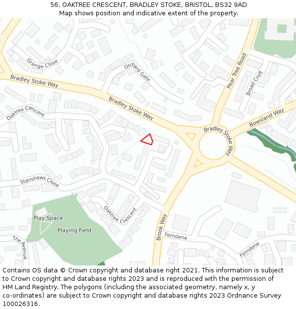 56, OAKTREE CRESCENT, BRADLEY STOKE, BRISTOL, BS32 9AD: Location map and indicative extent of plot