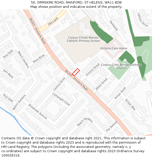 56, ORMSKIRK ROAD, RAINFORD, ST HELENS, WA11 8DB: Location map and indicative extent of plot