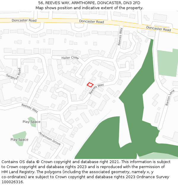 56, REEVES WAY, ARMTHORPE, DONCASTER, DN3 2FD: Location map and indicative extent of plot
