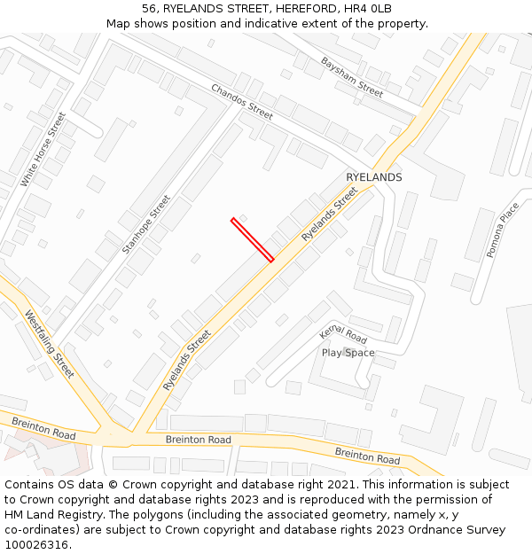 56, RYELANDS STREET, HEREFORD, HR4 0LB: Location map and indicative extent of plot