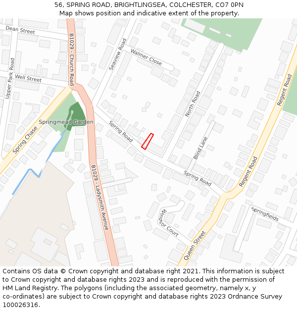56, SPRING ROAD, BRIGHTLINGSEA, COLCHESTER, CO7 0PN: Location map and indicative extent of plot
