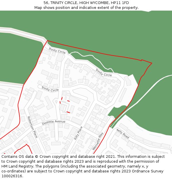 56, TRINITY CIRCLE, HIGH WYCOMBE, HP11 1FD: Location map and indicative extent of plot