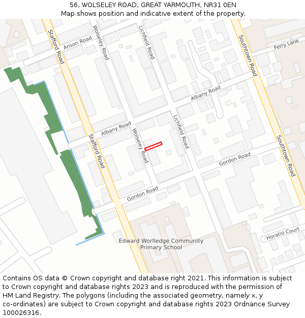56, WOLSELEY ROAD, GREAT YARMOUTH, NR31 0EN: Location map and indicative extent of plot