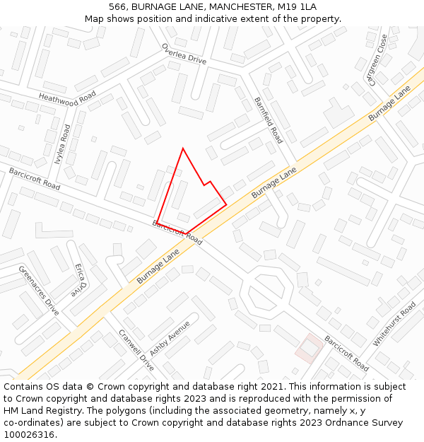 566, BURNAGE LANE, MANCHESTER, M19 1LA: Location map and indicative extent of plot