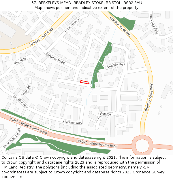 57, BERKELEYS MEAD, BRADLEY STOKE, BRISTOL, BS32 8AU: Location map and indicative extent of plot