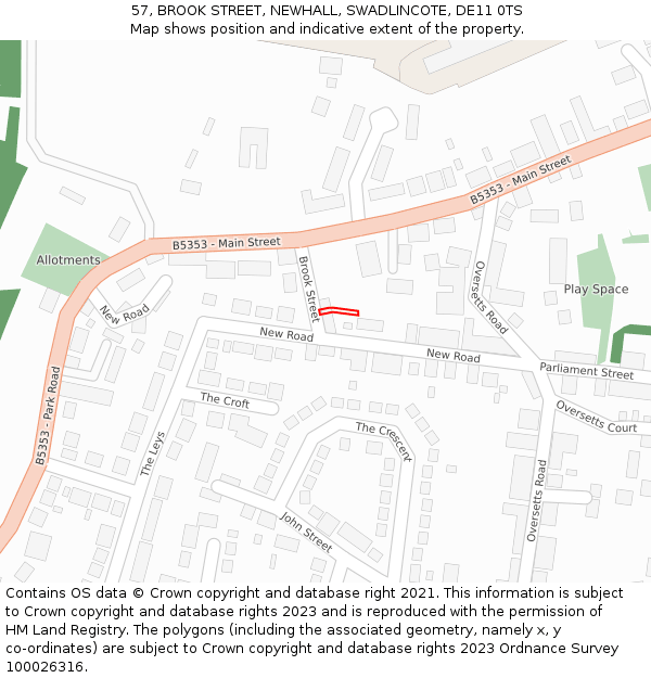 57, BROOK STREET, NEWHALL, SWADLINCOTE, DE11 0TS: Location map and indicative extent of plot