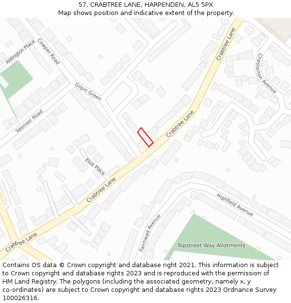 57, CRABTREE LANE, HARPENDEN, AL5 5PX: Location map and indicative extent of plot