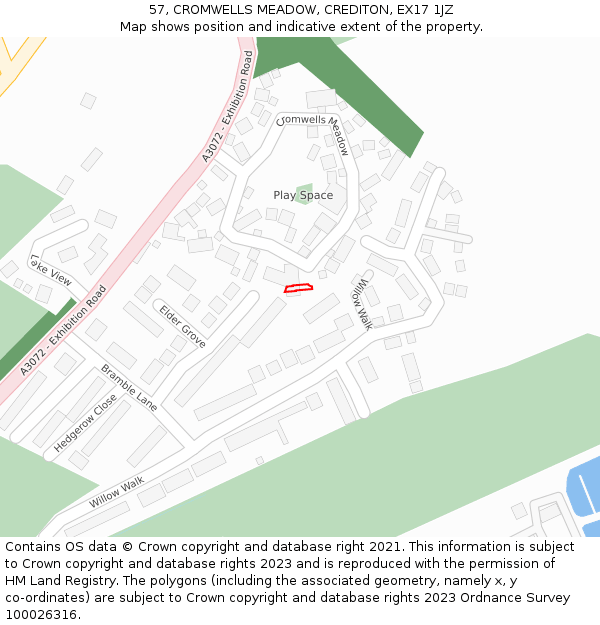 57, CROMWELLS MEADOW, CREDITON, EX17 1JZ: Location map and indicative extent of plot