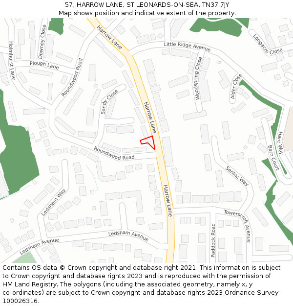 57, HARROW LANE, ST LEONARDS-ON-SEA, TN37 7JY: Location map and indicative extent of plot