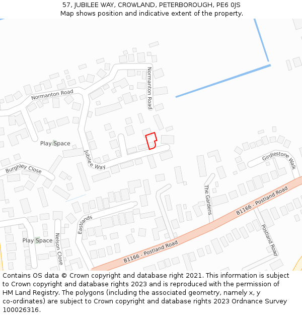 57, JUBILEE WAY, CROWLAND, PETERBOROUGH, PE6 0JS: Location map and indicative extent of plot
