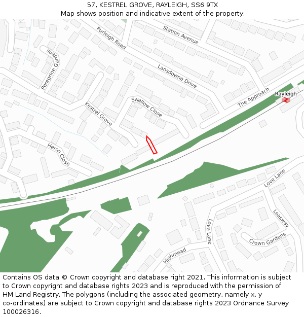 57, KESTREL GROVE, RAYLEIGH, SS6 9TX: Location map and indicative extent of plot
