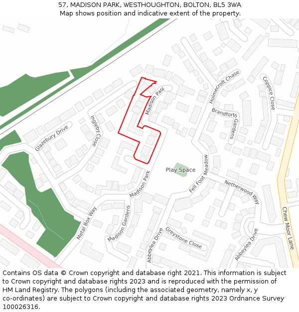 57, MADISON PARK, WESTHOUGHTON, BOLTON, BL5 3WA: Location map and indicative extent of plot