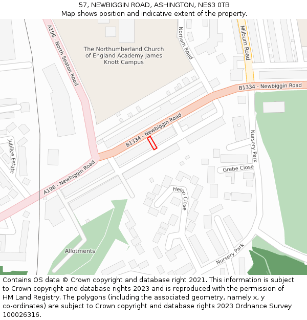 57, NEWBIGGIN ROAD, ASHINGTON, NE63 0TB: Location map and indicative extent of plot