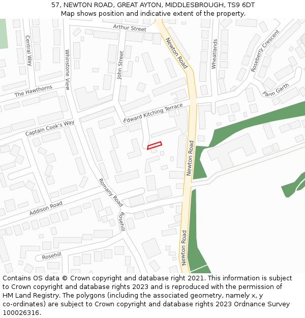 57, NEWTON ROAD, GREAT AYTON, MIDDLESBROUGH, TS9 6DT: Location map and indicative extent of plot