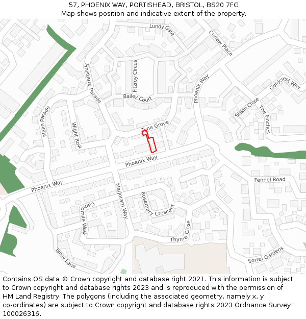 57, PHOENIX WAY, PORTISHEAD, BRISTOL, BS20 7FG: Location map and indicative extent of plot