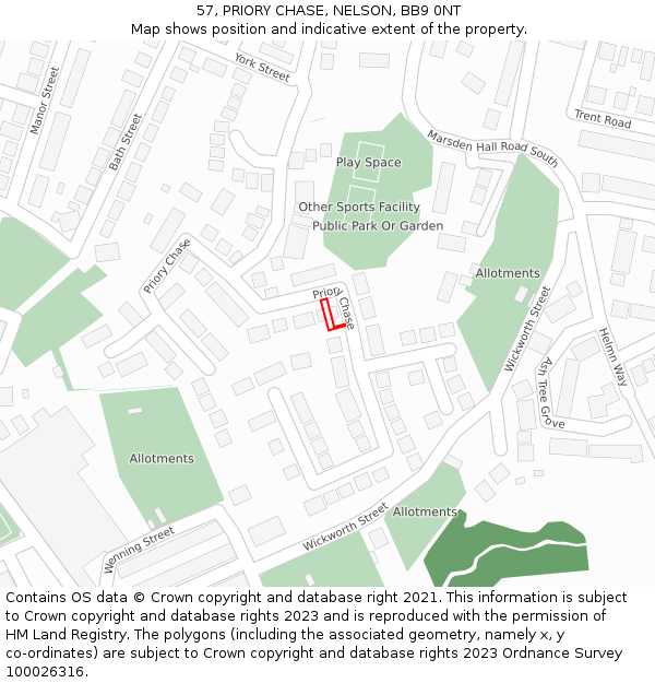 57, PRIORY CHASE, NELSON, BB9 0NT: Location map and indicative extent of plot
