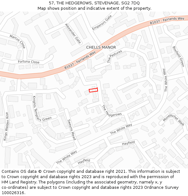 57, THE HEDGEROWS, STEVENAGE, SG2 7DQ: Location map and indicative extent of plot
