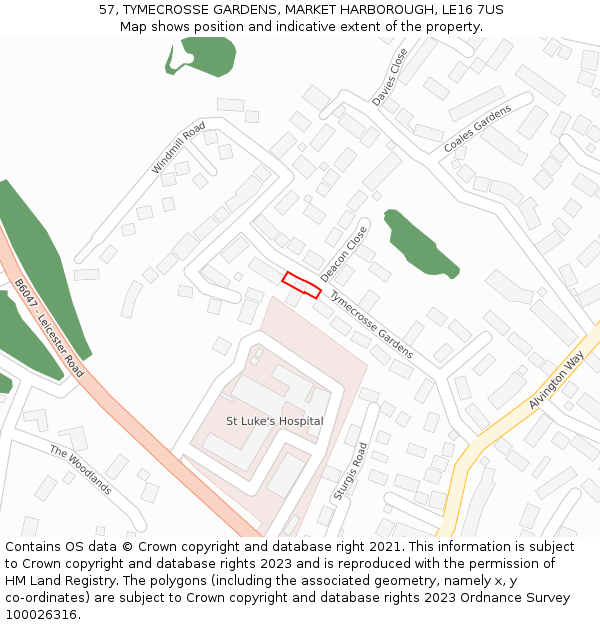 57, TYMECROSSE GARDENS, MARKET HARBOROUGH, LE16 7US: Location map and indicative extent of plot