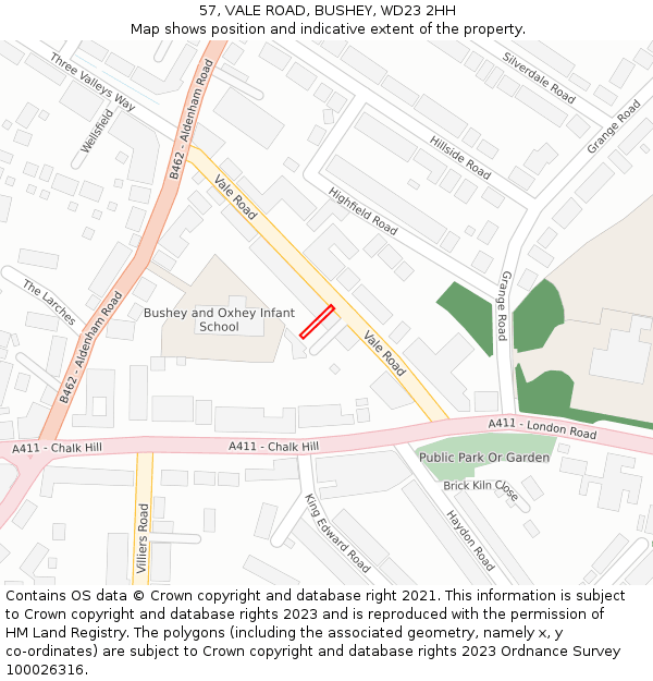 57, VALE ROAD, BUSHEY, WD23 2HH: Location map and indicative extent of plot
