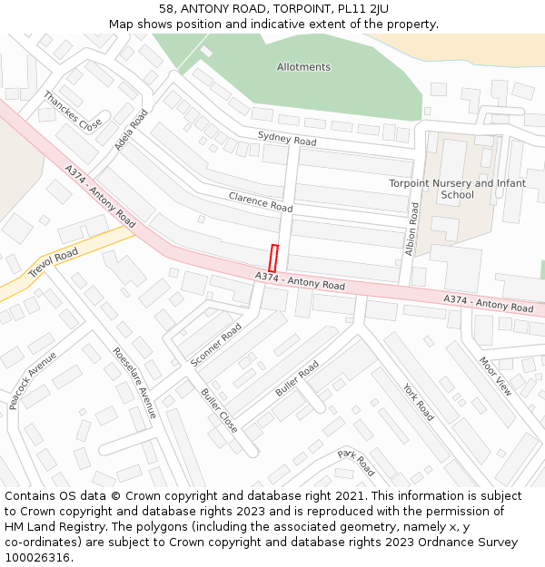58, ANTONY ROAD, TORPOINT, PL11 2JU: Location map and indicative extent of plot
