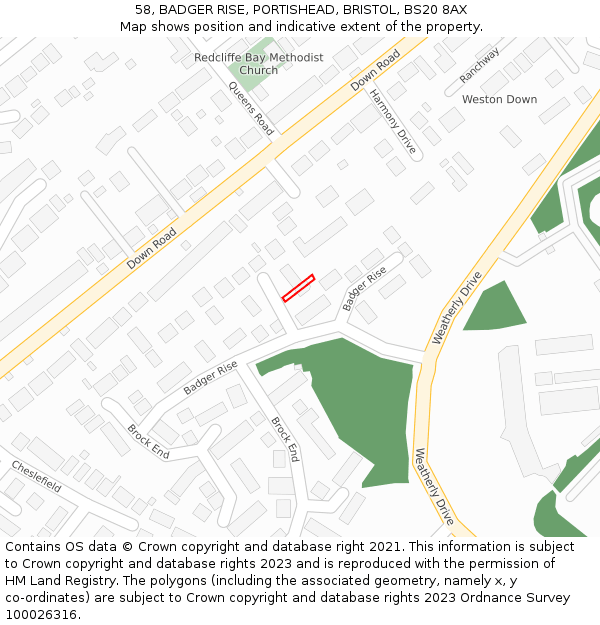 58, BADGER RISE, PORTISHEAD, BRISTOL, BS20 8AX: Location map and indicative extent of plot