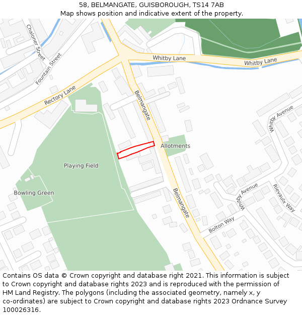 58, BELMANGATE, GUISBOROUGH, TS14 7AB: Location map and indicative extent of plot