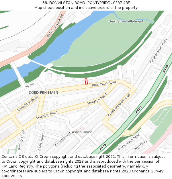 58, BONVILSTON ROAD, PONTYPRIDD, CF37 4RE: Location map and indicative extent of plot