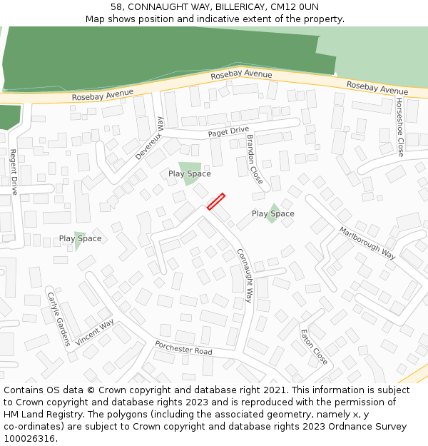 58, CONNAUGHT WAY, BILLERICAY, CM12 0UN: Location map and indicative extent of plot