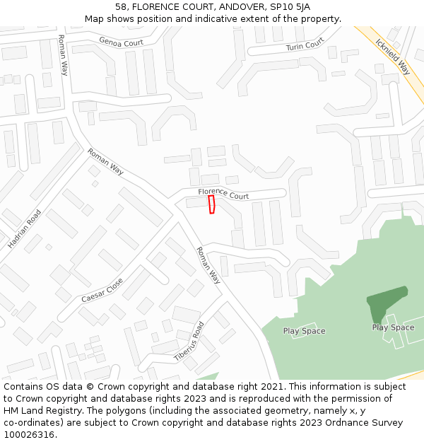 58, FLORENCE COURT, ANDOVER, SP10 5JA: Location map and indicative extent of plot