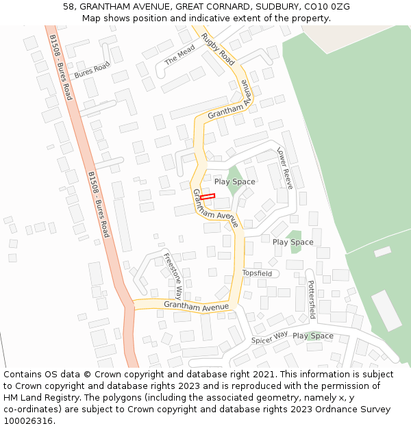 58, GRANTHAM AVENUE, GREAT CORNARD, SUDBURY, CO10 0ZG: Location map and indicative extent of plot