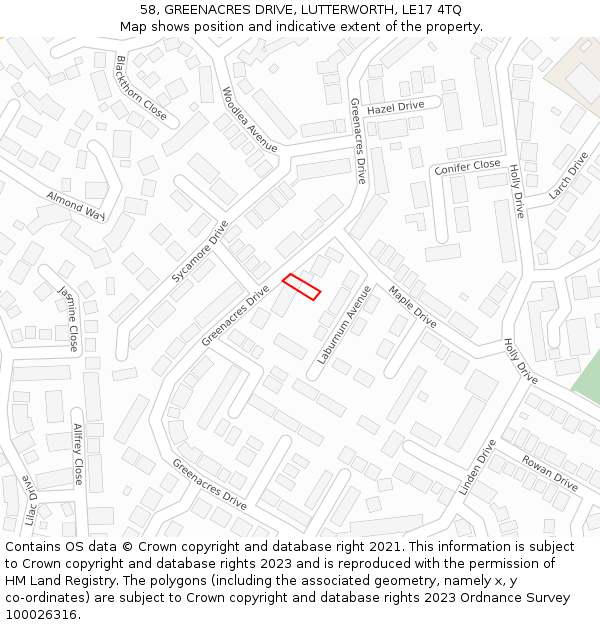 58, GREENACRES DRIVE, LUTTERWORTH, LE17 4TQ: Location map and indicative extent of plot