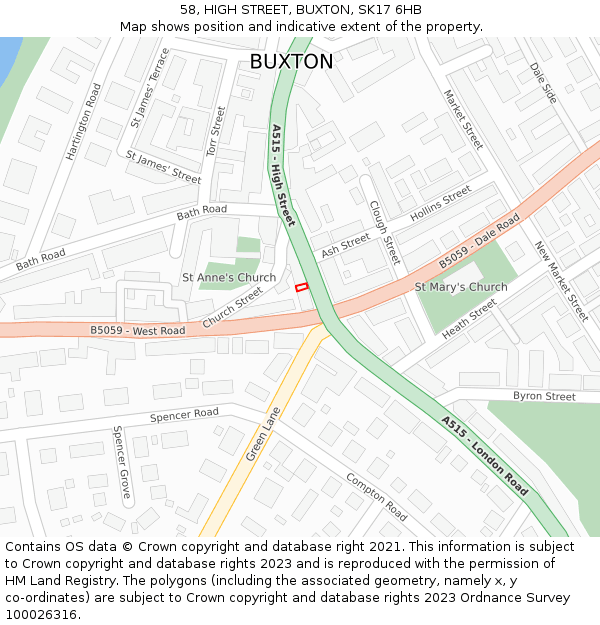 58, HIGH STREET, BUXTON, SK17 6HB: Location map and indicative extent of plot