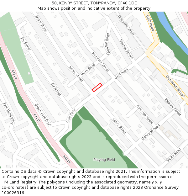 58, KENRY STREET, TONYPANDY, CF40 1DE: Location map and indicative extent of plot