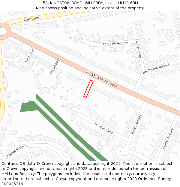 58, KINGSTON ROAD, WILLERBY, HULL, HU10 6BH: Location map and indicative extent of plot