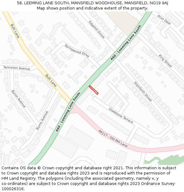 58, LEEMING LANE SOUTH, MANSFIELD WOODHOUSE, MANSFIELD, NG19 9AJ: Location map and indicative extent of plot
