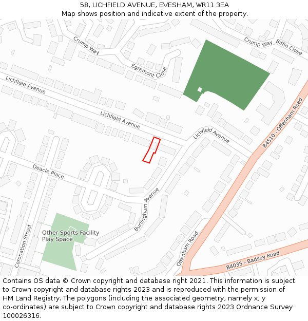 58, LICHFIELD AVENUE, EVESHAM, WR11 3EA: Location map and indicative extent of plot