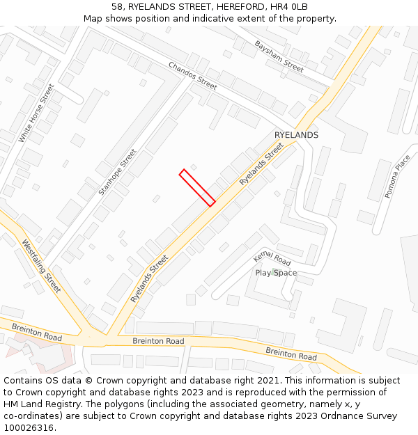 58, RYELANDS STREET, HEREFORD, HR4 0LB: Location map and indicative extent of plot