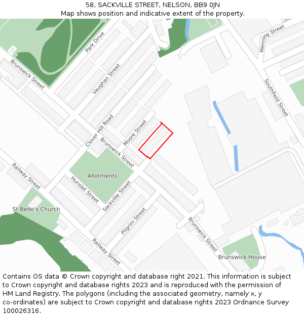 58, SACKVILLE STREET, NELSON, BB9 0JN: Location map and indicative extent of plot