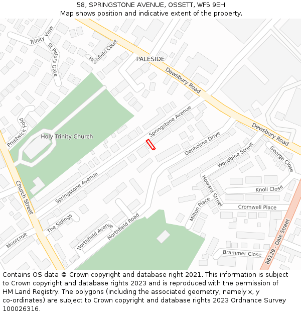 58, SPRINGSTONE AVENUE, OSSETT, WF5 9EH: Location map and indicative extent of plot