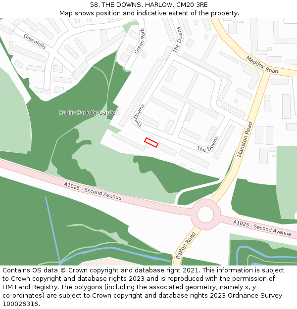 58, THE DOWNS, HARLOW, CM20 3RE: Location map and indicative extent of plot