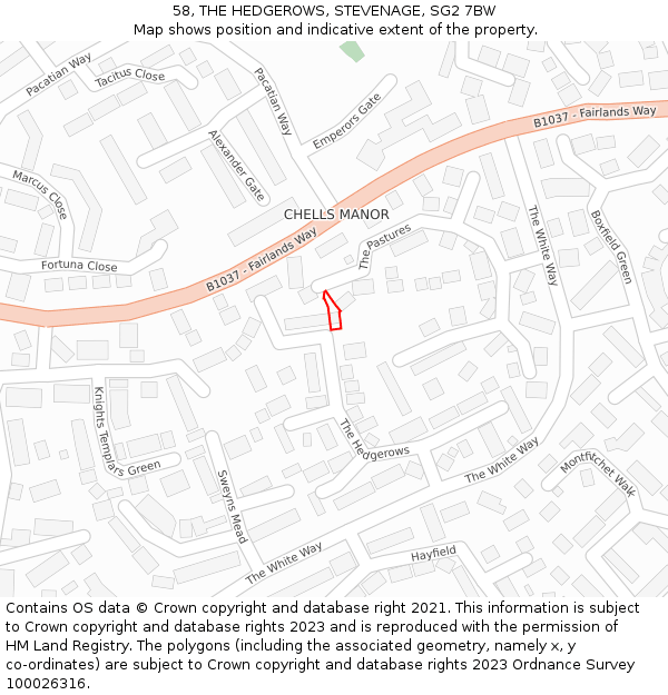 58, THE HEDGEROWS, STEVENAGE, SG2 7BW: Location map and indicative extent of plot